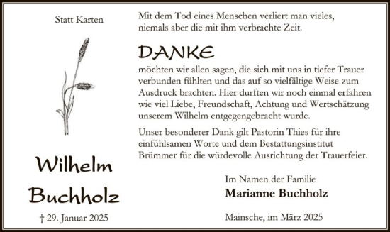 Todesanzeige von Wilhelm Buchholz von SYK