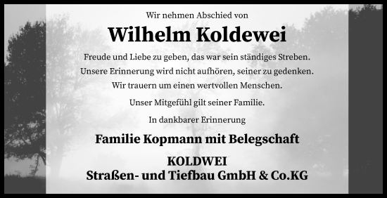 Todesanzeige von Wilhelm Koldewei von SYKSYK