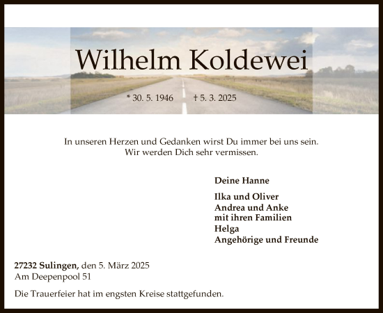 Todesanzeige von Wilhelm Koldewei von SYK