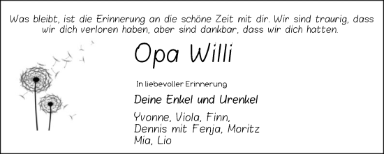 Todesanzeige von Willi (Wilhelm von SYK