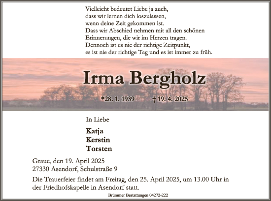 Todesanzeige von Irma Bergholz 