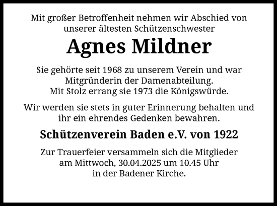 Todesanzeige von Agnes Mildner von SYK