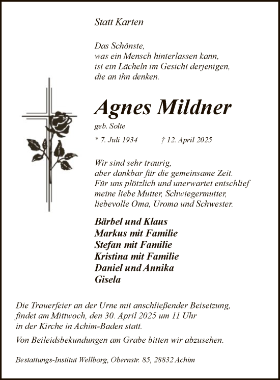 Todesanzeige von Agnes Mildner von SYK