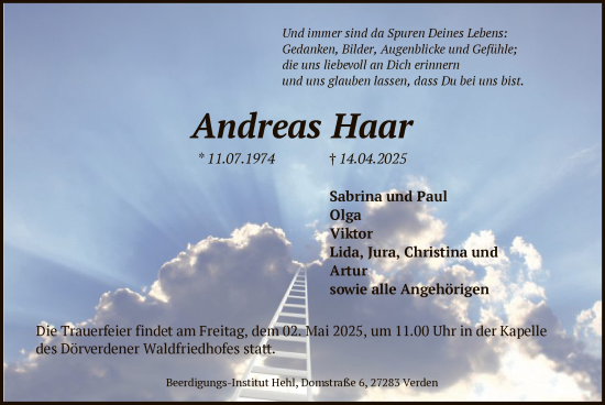 Todesanzeige von Andreas Haar von SYK