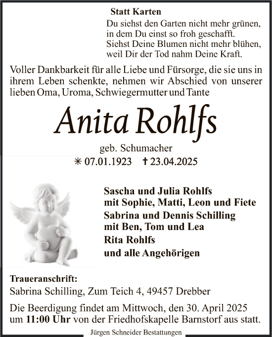 Todesanzeige von Anita Rohlfs von SYK