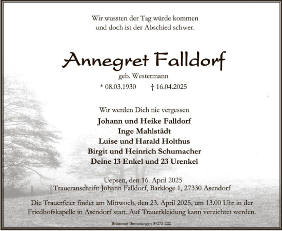 Todesanzeige von Annegret Falldorf von SYKSYK