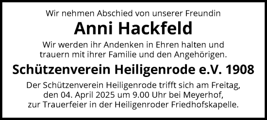 Todesanzeige von Anni Hackfeld von SYK