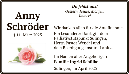 Todesanzeige von Anny Schröder von SYK