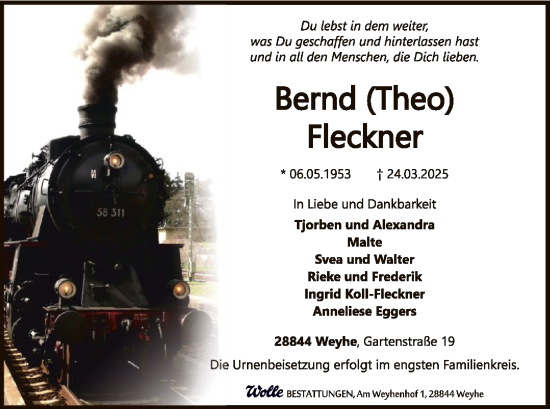 Todesanzeige von Bernd Fleckner von SYK