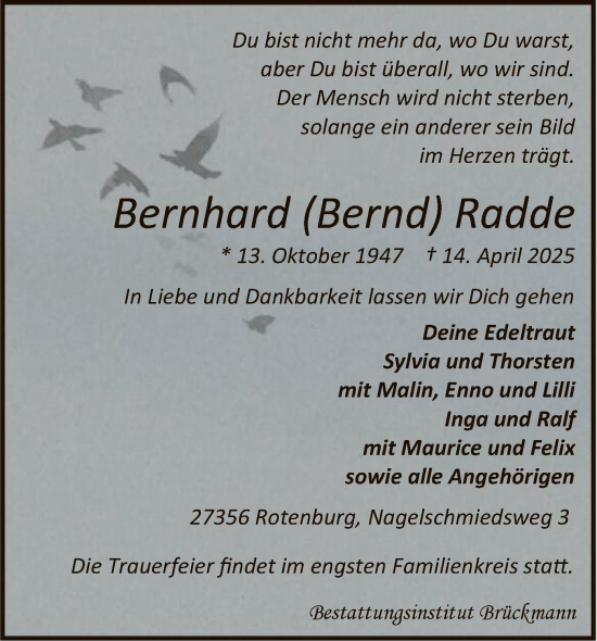 Todesanzeige von Bernhard Radde von SYK