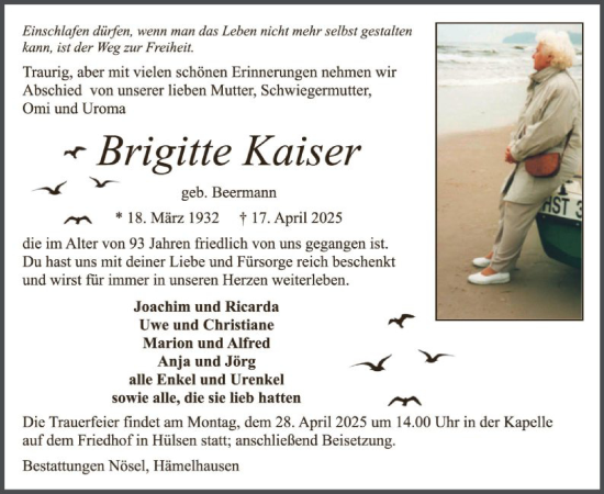 Todesanzeige von Brigitte Kaiser von SYK