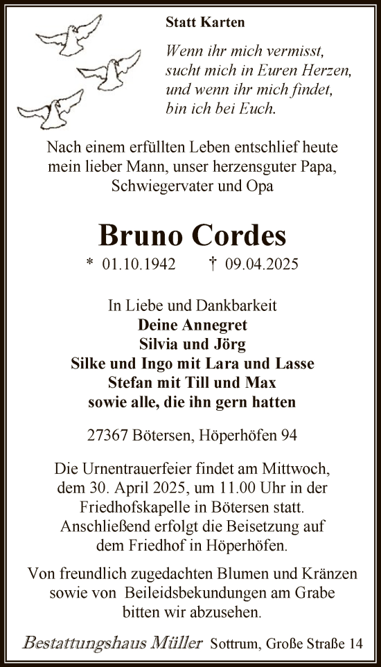 Todesanzeige von Bruno Cordes von SYK