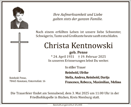 Todesanzeige von Christa Kentnowski von SYK