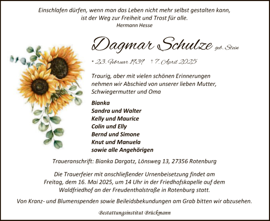 Todesanzeige von Dagmar Schulze von SYK