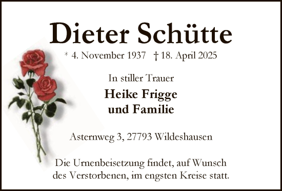 Todesanzeige von Dieter Schütte von SYK