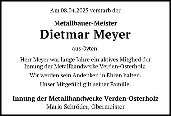 Todesanzeige von Dietmar Meyer von SYK