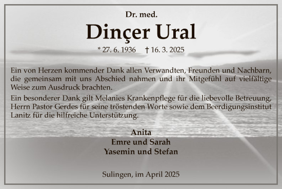 Todesanzeige von Dincer Ural von SYK