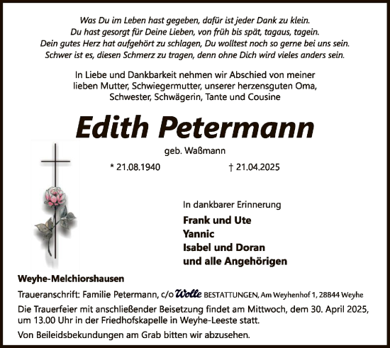 Todesanzeige von Edith Petermann von SYK