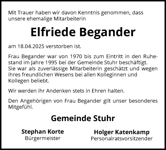 Todesanzeige von Elfriede Begander von SYK