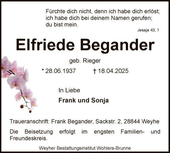 Todesanzeige von Elfriede Begander von SYK