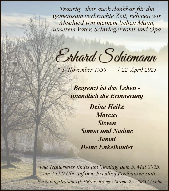 Todesanzeige von Erhard Schiemann von SYKSYK