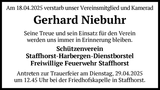 Todesanzeige von Gerhard Niebuhr von SYK