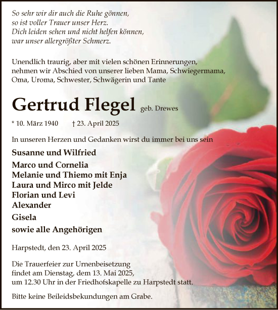 Todesanzeige von Gertrud Flegel von SYKSYK