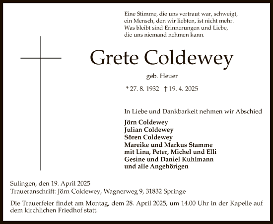 Todesanzeige von Grete Coldewey von SYK