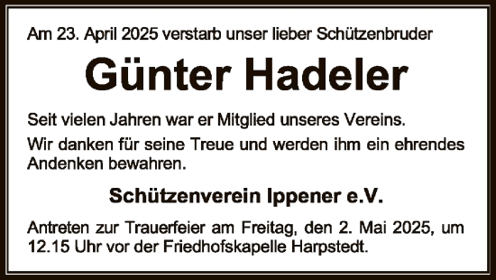 Todesanzeige von Günter Hadeler von SYKSYK