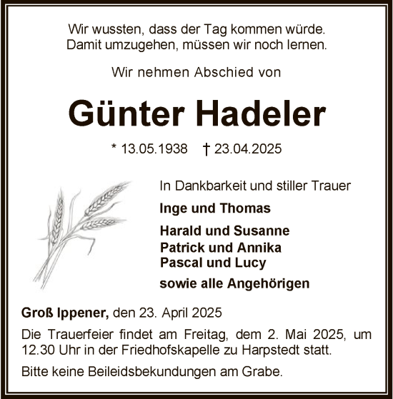 Todesanzeige von Günter Hadeler von SYKSYK