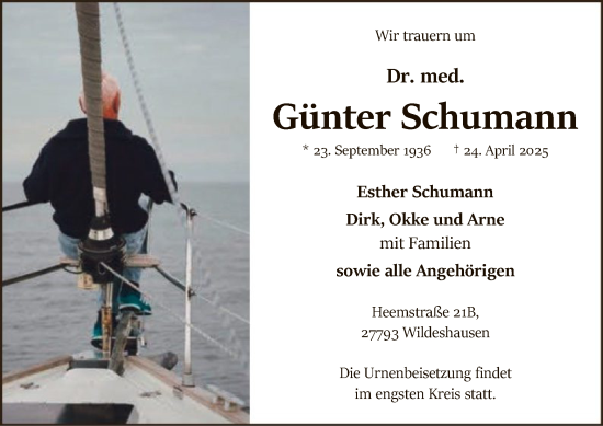 Todesanzeige von Günter Schumann von SYK