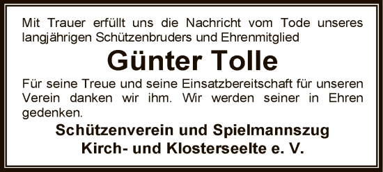 Todesanzeige von Günter Tolle von SYKSYK
