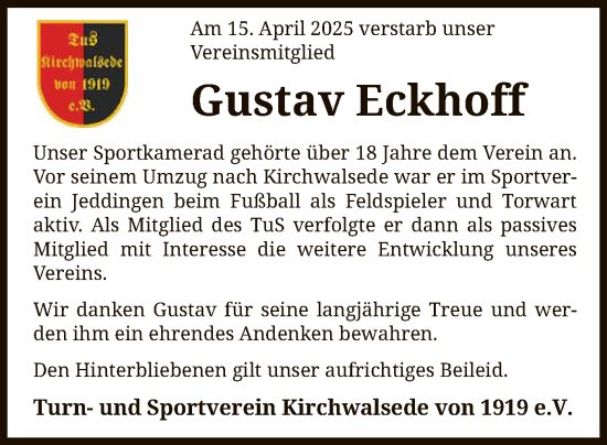 Todesanzeige von Gustav Eckhoff von SYK