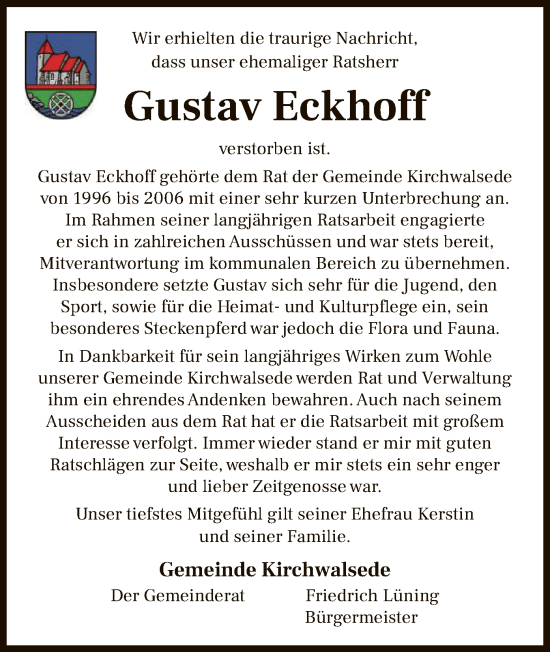 Todesanzeige von Gustav Eckhoff von SYK