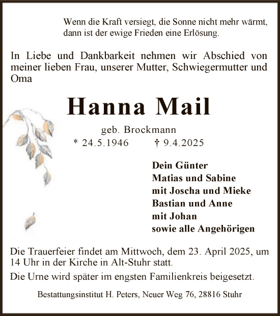 Todesanzeige von Hanna Mail von SYK