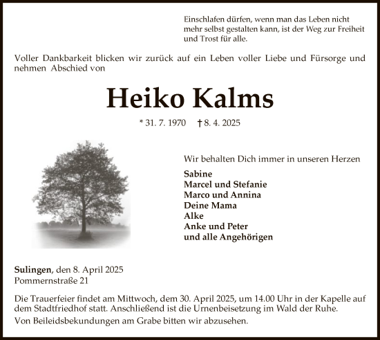 Todesanzeige von Heiko Kalms von SYK