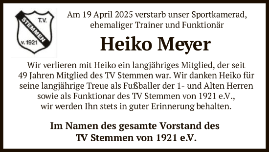 Todesanzeige von Heiko Meyer von SYK