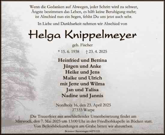 Todesanzeige von Helga Knippelmeyer von SYK