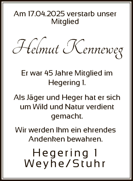 Todesanzeige von Helmut Kenneweg von SYK