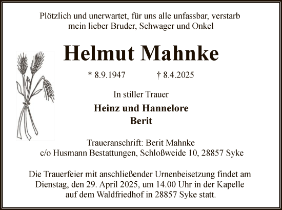 Todesanzeige von Helmut Mahnke von SYK