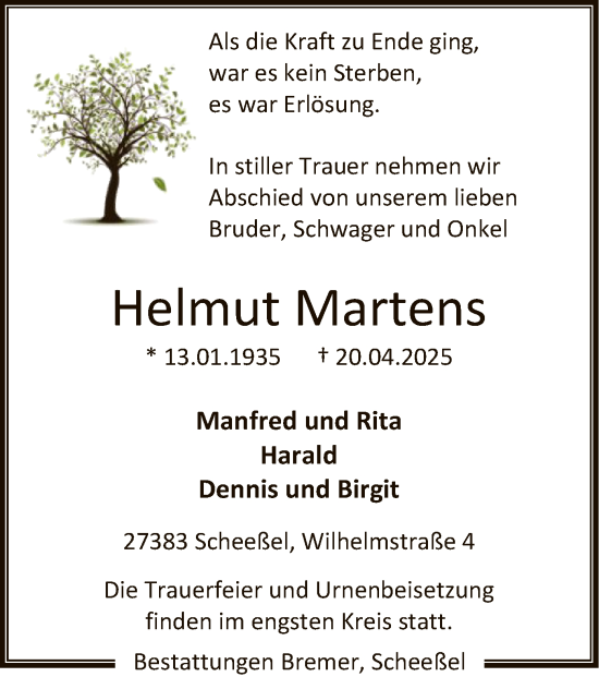 Todesanzeige von Helmut Martens von SYK