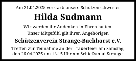 Todesanzeige von Hilda Sudmann von SYK