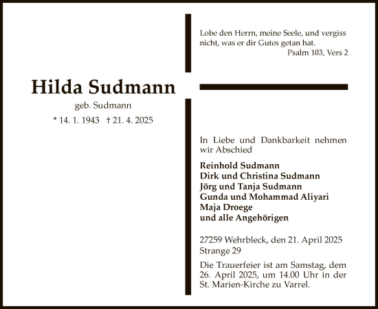 Todesanzeige von Hilda Sudmann von SYK