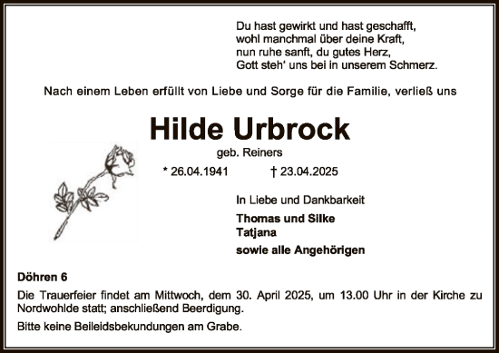 Todesanzeige von Hilde Urbrock von SYK