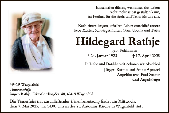 Todesanzeige von Hildegard Rathje von SYK