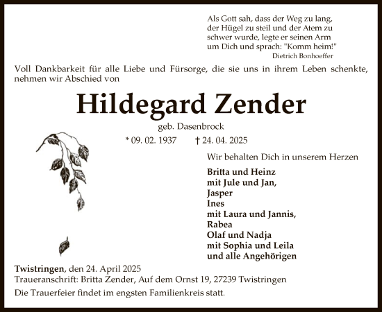 Todesanzeige von Hildegard Zender von SYK