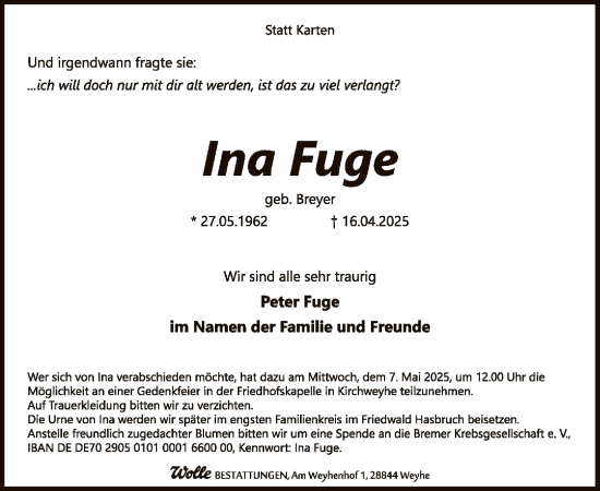 Todesanzeige von Ina Fuge von SYK