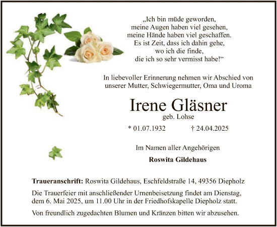 Todesanzeige von Irene Gläsner von SYK