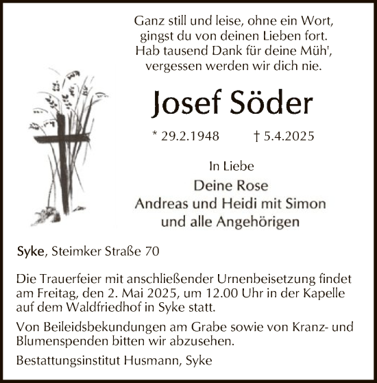 Todesanzeige von Josef Söder von SYK