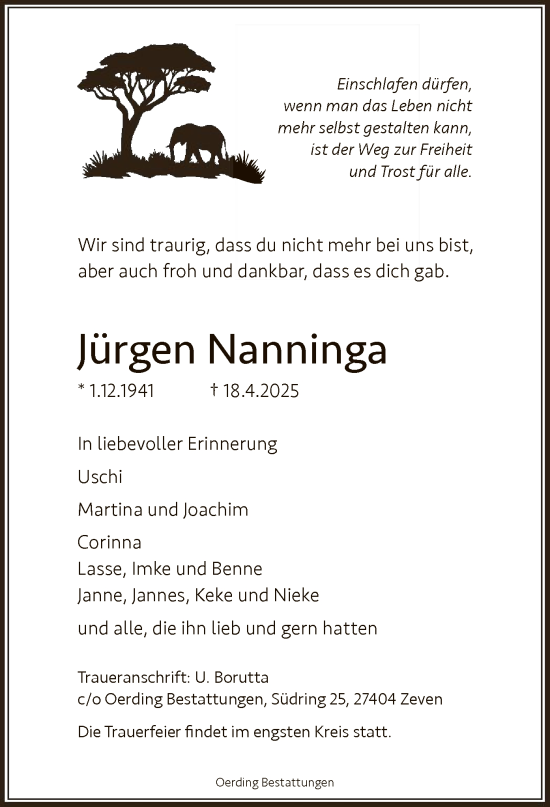 Todesanzeige von Jürgen Nanninga von SYK